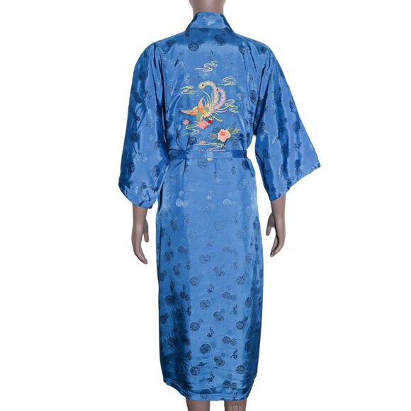 Vintage Embroidered Kimono Robe Floral Tie Waist Boho Loungewear - Picture 2 of 5